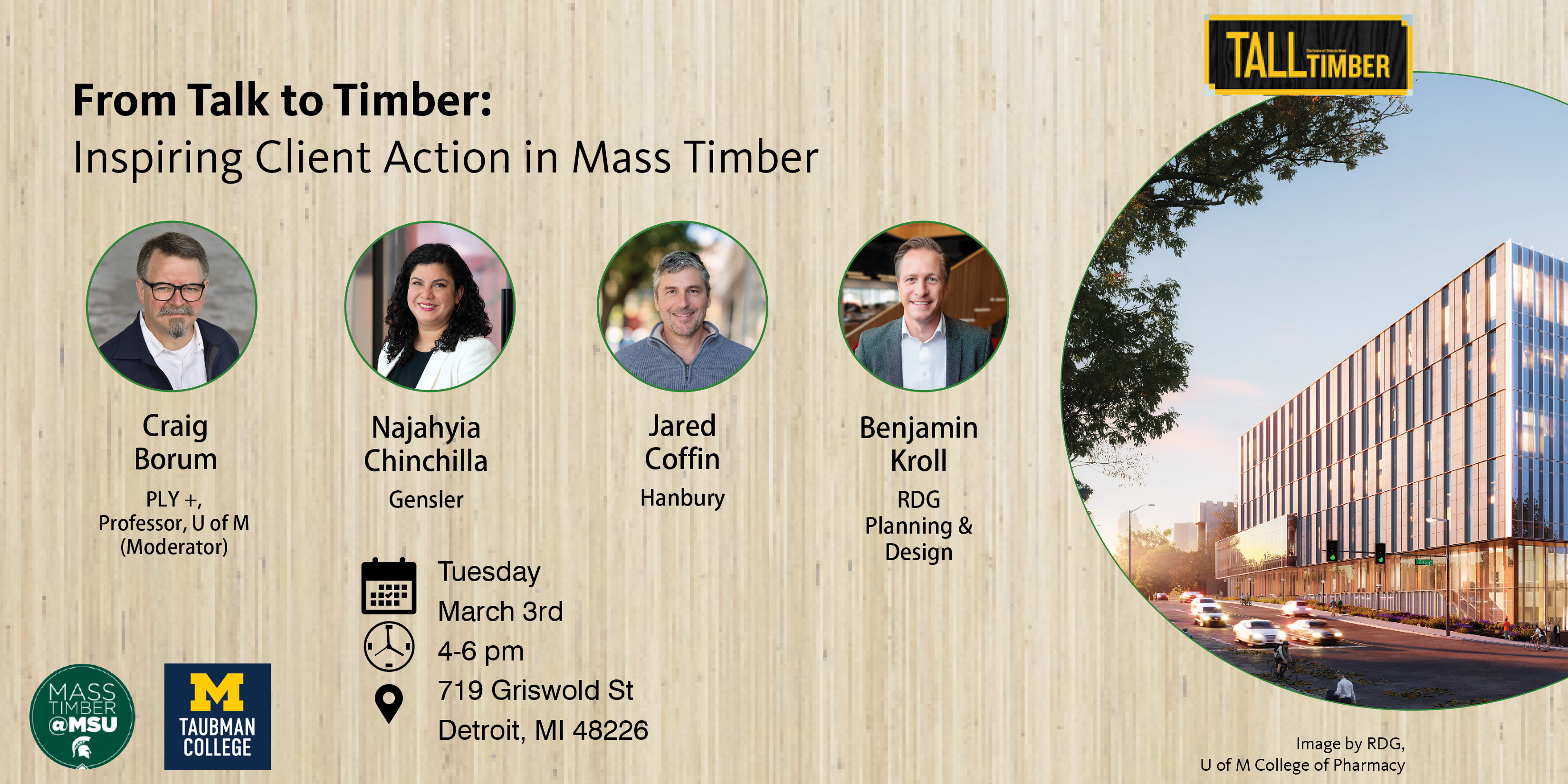 Event flyer for the From Talk to Timber: Inspiring Client Action in Mass Timber held at the Tall Timber exhibit in Detroit.